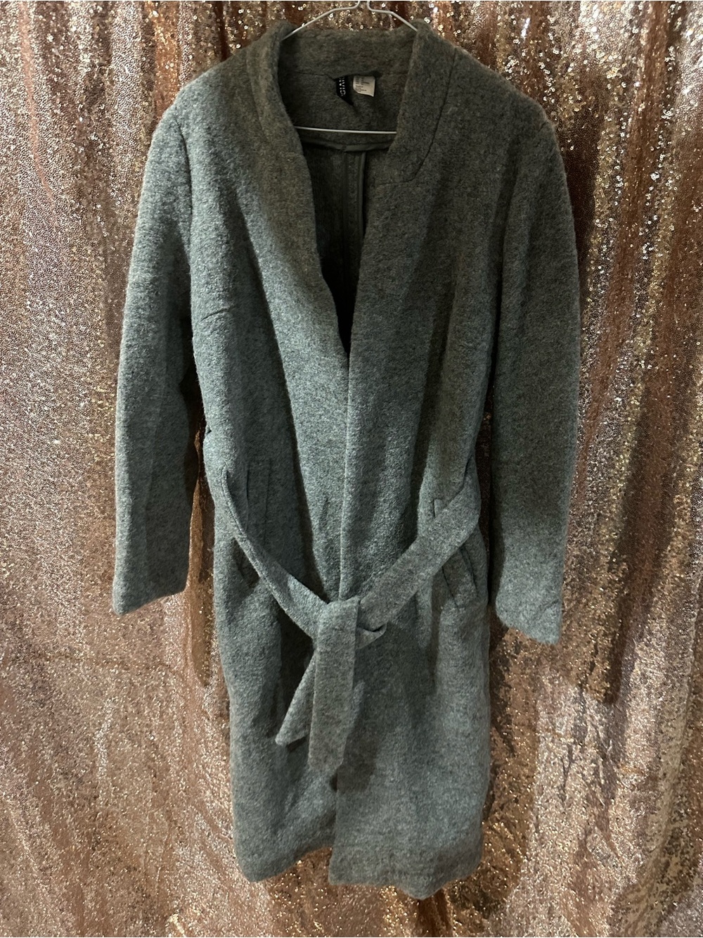 H&M Women's Gray WOOL Belted Long Robe Coat